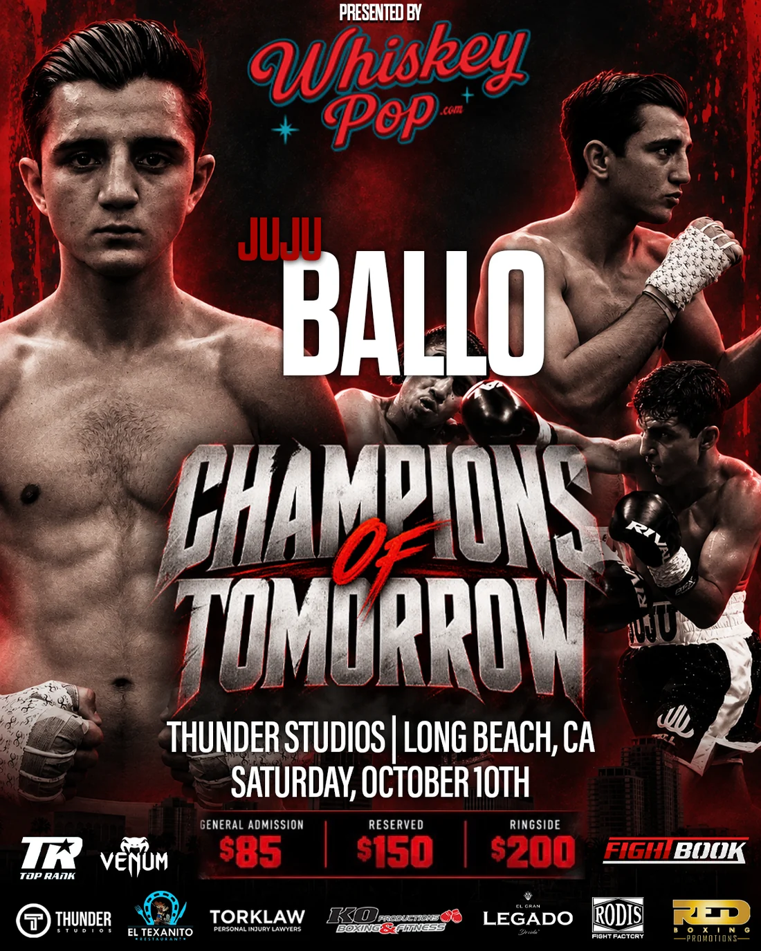 Official fight poster — Julius &ldquo;JuJu&rdquo; Ballo, Champions of Tomorrow, Thunder Studios, Long Beach CA, Saturday October 10, presented by Whiskey Pop