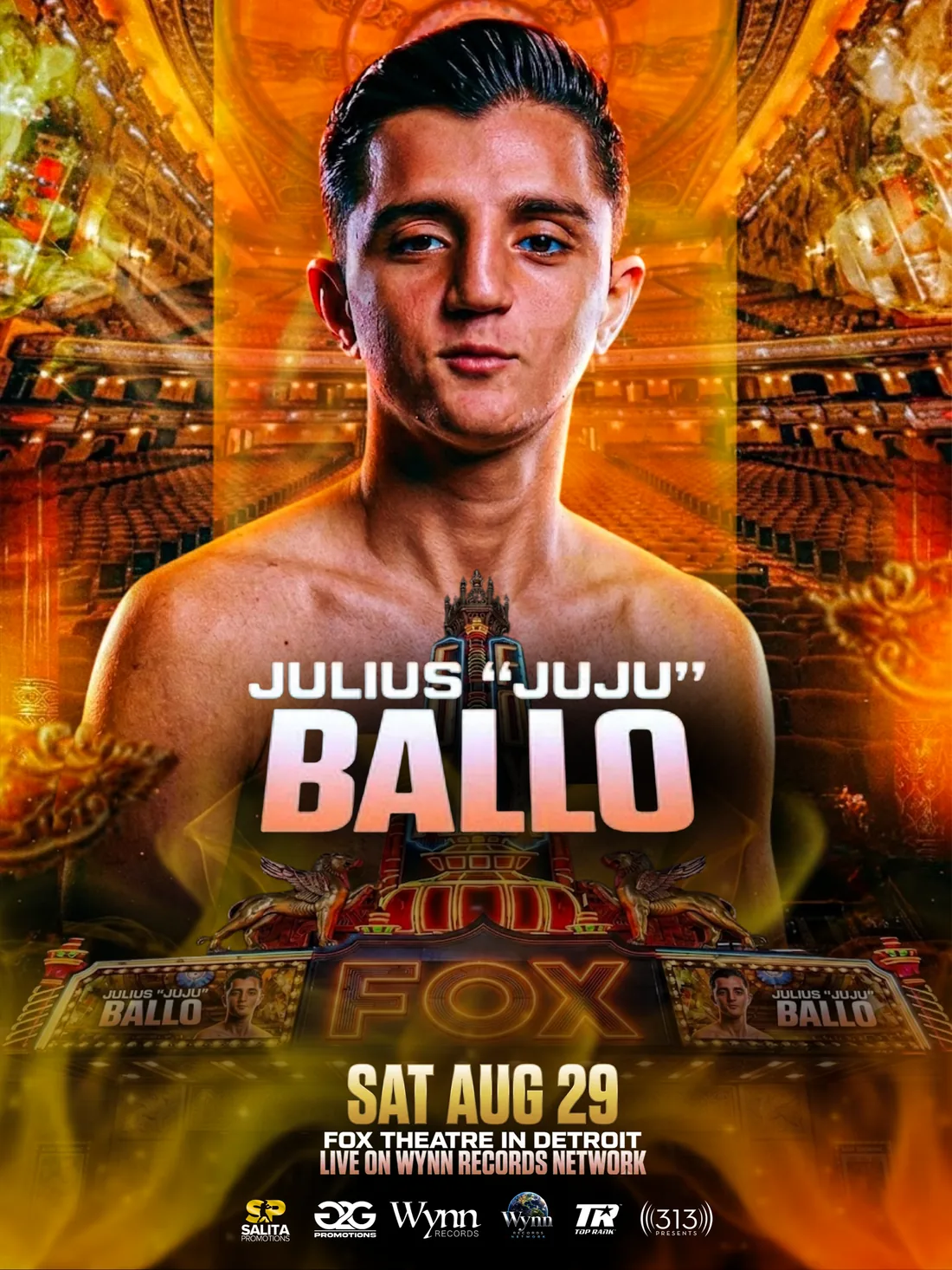 Official fight poster — Julius &ldquo;JuJu&rdquo; Ballo at the Fox Theatre in Detroit, Sat Aug 29, live on Wynn Records Network